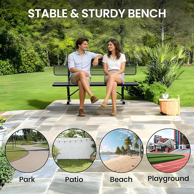 8 Feet Heavy Duty Metal Park Bench for Outside, Outdoor Bench with Backrest & Portable Frame, Commercial Benches for Shopping Malls, Stores, Parks, Patios, Decks, Black
