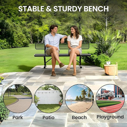 8 Feet Heavy Duty Metal Park Bench for Outside, Outdoor Bench with Backrest & Portable Frame, Commercial Benches for Shopping Malls, Stores, Parks, Patios, Decks, Black