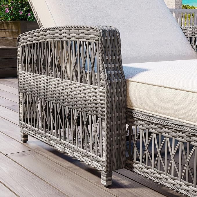Outdoor Long Reclining Chaise, Wicker Lounge with Armrests, Patio Adjustable Recliner with Soft Removable Cushions, All Weather Rattan Chaise Lounge for Poolside & Garden (Beige)