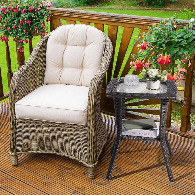 Henf Wicker Rattan Side Table Outdoor Square End Table Coffee Table with Glass Top, Patio Wicker Garden Side Table Small End Table with Storage for Patio Courtyard Balcony