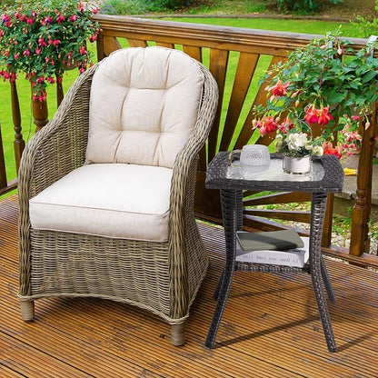 Henf Wicker Rattan Side Table Outdoor Square End Table Coffee Table with Glass Top, Patio Wicker Garden Side Table Small End Table with Storage for Patio Courtyard Balcony