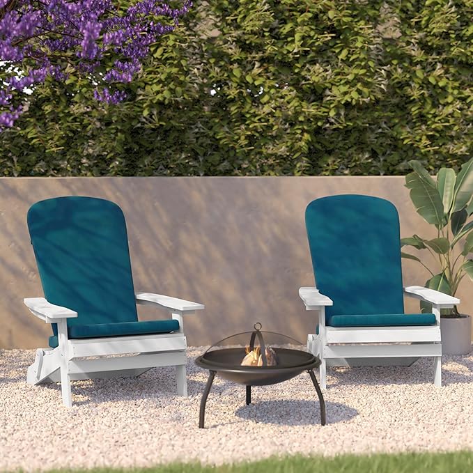 Flash Furniture Charlestown Folding Adirondack Chairs Poly Resin Frame-All-Weather Cushions-Indoor/Outdoor Use, Set of 2, White/Teal