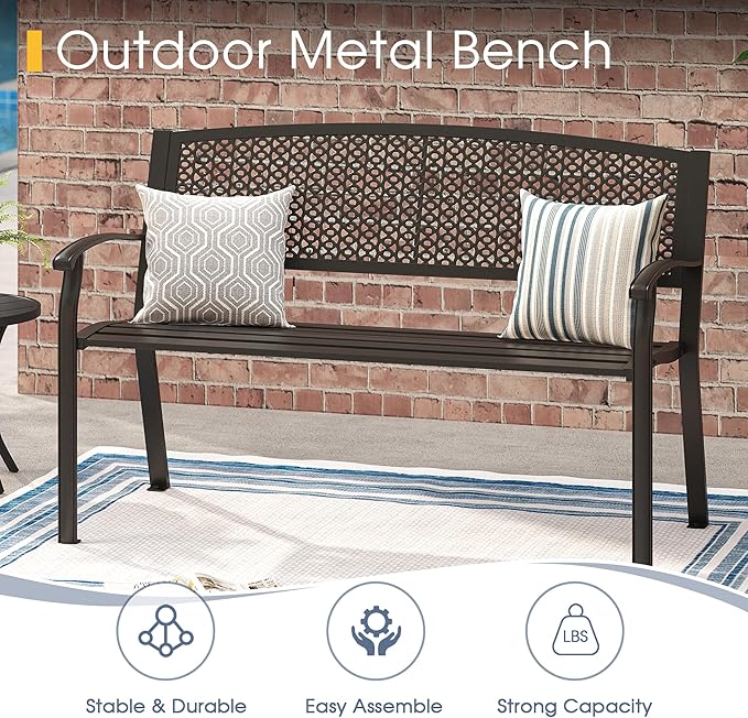 VICLLAX Outdoor Garden Bench, 50” Long Metal Patio Bench with Backrest and Armrests, Modern Slatted Black Park Bench for Front Porch, Lawn, Yard, Garden, Round Pattern Back