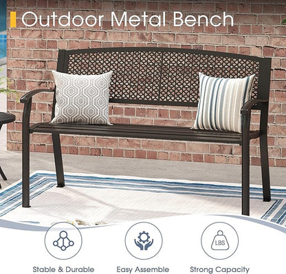 VICLLAX Outdoor Garden Bench, 50” Long Metal Patio Bench with Backrest and Armrests, Modern Slatted Black Park Bench for Front Porch, Lawn, Yard, Garden, Round Pattern Back
