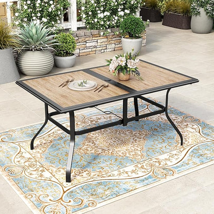 HERA'S HOUSE Patio Dining Table, 60"x38" Rectangle Outdoor Dining Table Top with Umbrella Hole and Metal Steel Frame for Lawn Garden Backyard