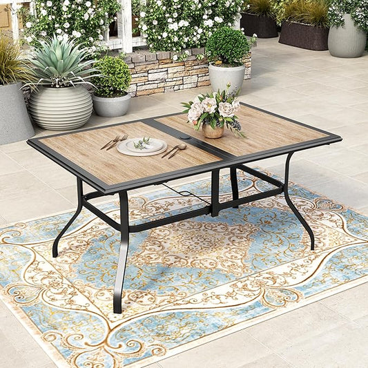 HERA'S HOUSE Patio Dining Table, 60"x38" Rectangle Outdoor Dining Table Top with Umbrella Hole and Metal Steel Frame for Lawn Garden Backyard