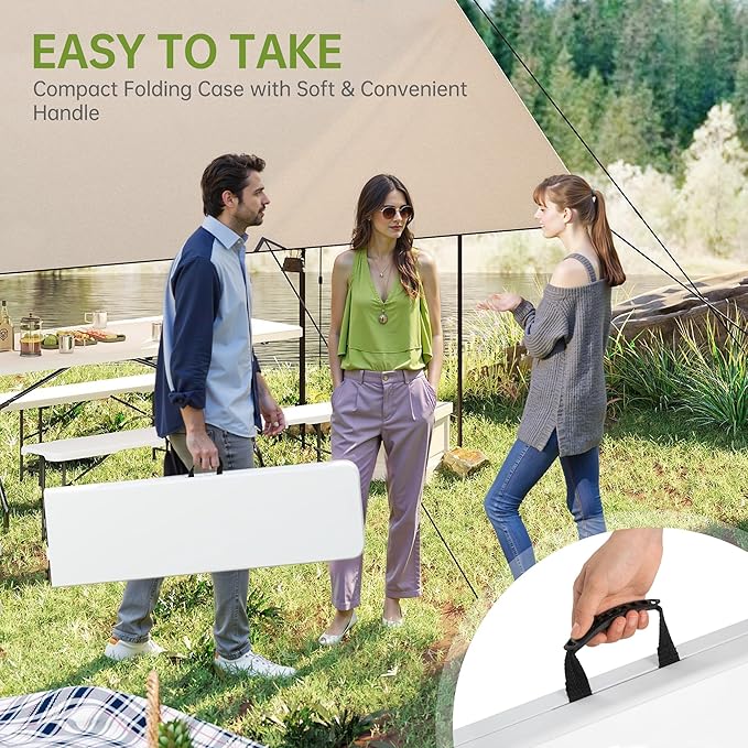Real Relax 6 feet Plastic Folding Bench with Carrying Handle & Lock,Portable in/Outdoor Picnic Party Camping Dining Seat, Garden Soccer Multipurpose Entertaining Activities,Waterproof, 2 Pack, White
