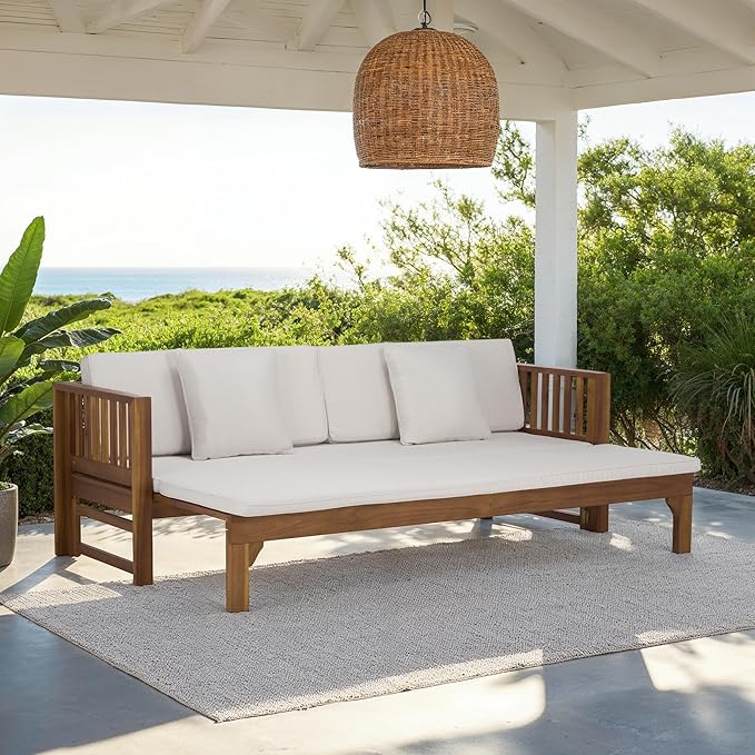SAFAVIEH Outdoor Patio Furniture Collection - Napoli Brown & Cream Solid Wood Bench Convertible Daybed with Cushions, Versatile Patio Seating (PAT6805A)