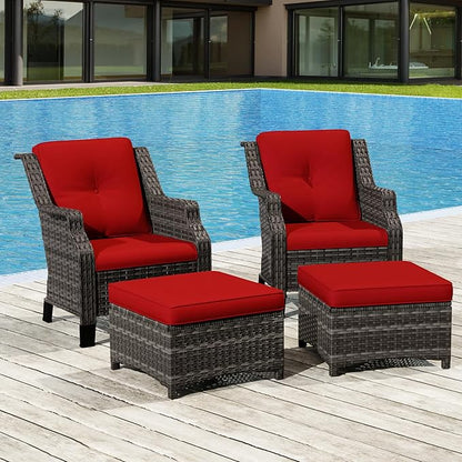 Wicker Patio Furniture Set - 4 Piece Rattan Outdoor Conversation Sets with 2 Wicker Patio Chairs,2 Ottomans for Garden, Backyard, Balcony and Deck