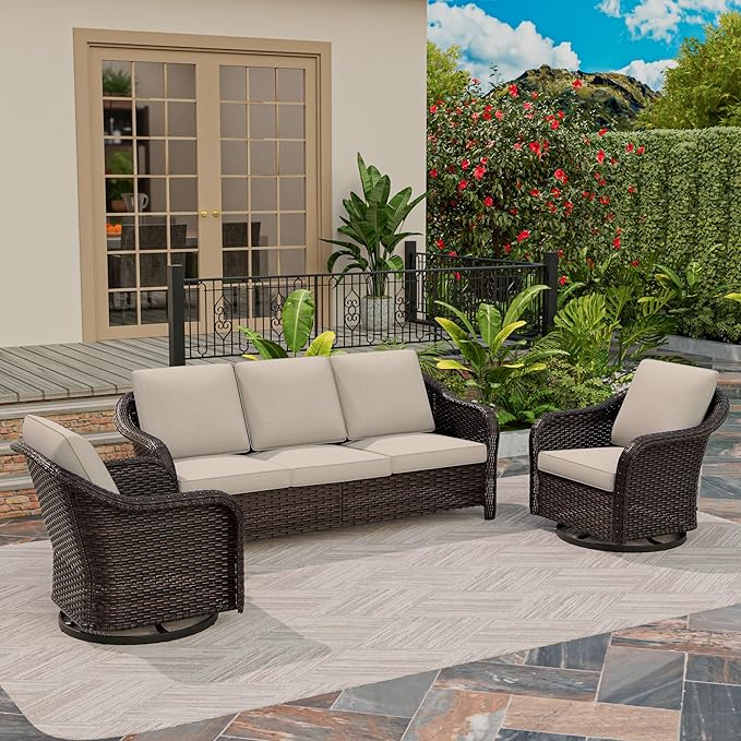 3 Piece Patio Wicker Conversation Set, All-Weather Use Outdoor Wicker Sofa with 2 PE Rattan 360 Swivel Chair - Photo 2