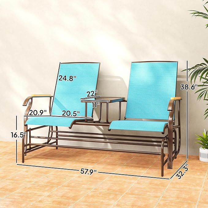Outsunny 2 Person Outdoor Glider Bench, Patio Swing Glider Chair Loveseat with Breathable Mesh, Table, Steel Frame for Garden, Backyard, Porch, Blue