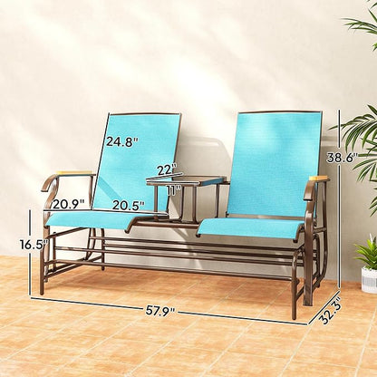 Outsunny 2 Person Outdoor Glider Bench, Patio Swing Glider Chair Loveseat with Breathable Mesh, Table, Steel Frame for Garden, Backyard, Porch, Blue
