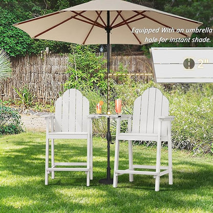 LUE BONA Tall Adirondack Chair Set of 2, All Weather HDPS Bar Height Adirondack Chair with Detachable Table & Umbrella Hole, Adirondack Barstools for Patio, Deck, Backyard & Commercial Use White