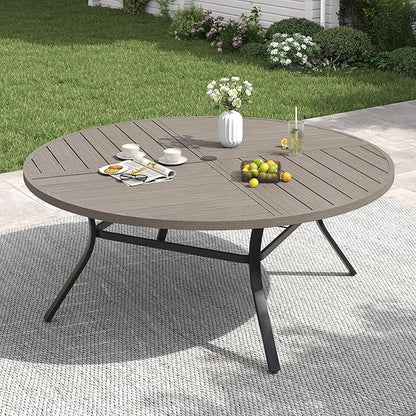 VICLLAX 60" Round Patio Table with Umbrella Hole, All Weather Metal Outdoor Dining Table for 8, Outside Table for Lawn Garden, Grey Wood-Grain Finish