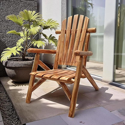 Anraja Wooden Adirondack Chair Outdoor Wood Log Furniture Porch Patio Outside Rustic Seating Indoor Lawn Lounge Country Deck Farmhouse Fire Pit, Brown 42.12in Tall