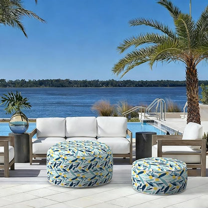 LVTXIII Outdoor/Indoor Inflatable Stool Ottoman, All Weather Patio Footrest Pouf, Portable Round Ottoman for Patio Garden, Camping or Home, D21xH9 Inches, Blue Leaves