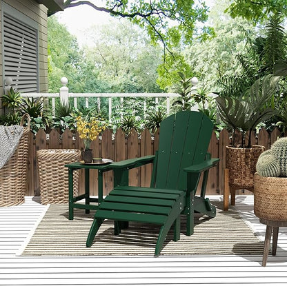 WestinTrends Malibu Outdoor Lounge Chairs, 3-Pieces Adirondack Chair Set with Ottoman and Side Table, All Weather Poly Lumber Patio Lawn Folding Chair for Outside Pool Garden Backyard, Dark Green