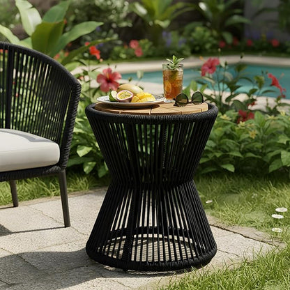 Merax Bohemian Round Outdoor Side Table with Acacia Wood Top and Black Handwoven Rope Base, Elegant Hourglass Design Patio Coffee Table for Garden, Pool, Deck, Balcony, Yard, 18.9" Height, No Assembly