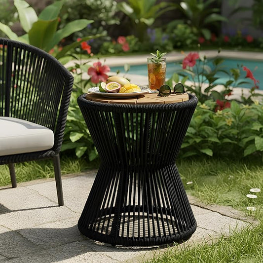 Merax Bohemian Round Outdoor Side Table with Acacia Wood Top and Black Handwoven Rope Base, Elegant Hourglass Design Patio Coffee Table for Garden, Pool, Deck, Balcony, Yard, 18.9" Height, No Assembly