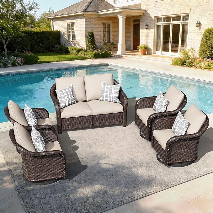 5 PCS Outdoor Conversation Set | 55" Couch, 4 Swivel Chairs, Patio Wicker Conversation Furniture with Removable Cushions for Bistro, Deck, Sunroom (Beige)