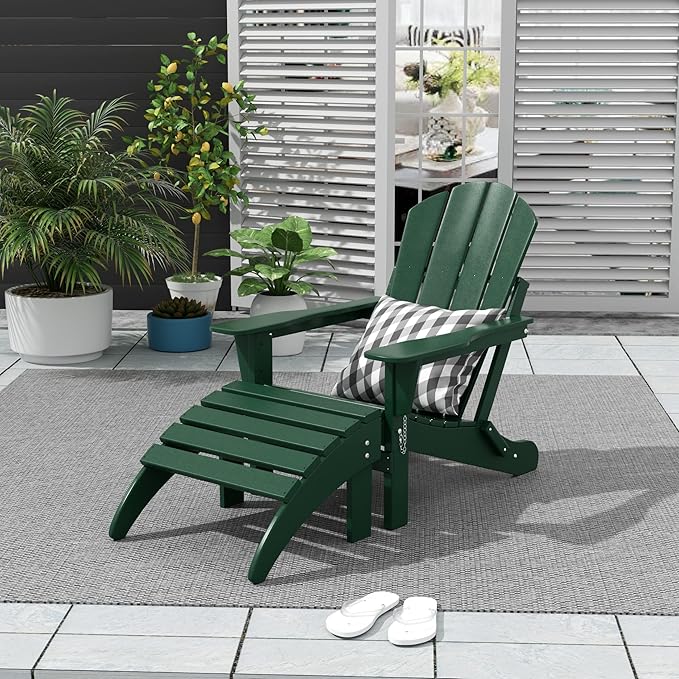 WO Home Furniture Adirondack Chair Outdoor Ottoman Set of 2 PCS Classic Patio Furniture (Dark Green)