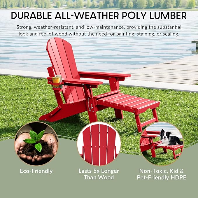 WestinTrends Malibu Folding Adjustable Adirondack Chair with Retractable Ottoman and Cup Holder, Red