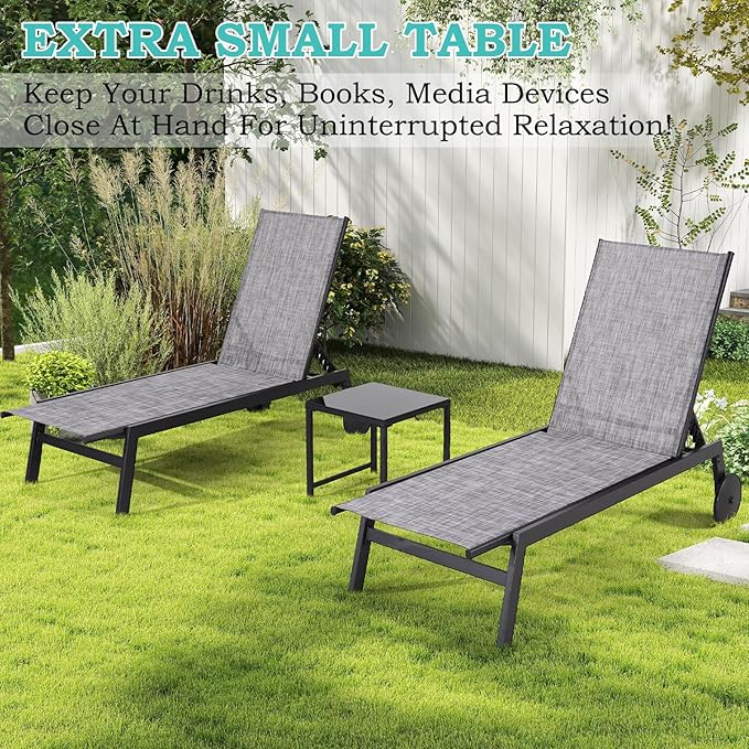 EROMMY Patio Chaise Lounge Chair Set of 2 with Table, Adjustable Backrest & Wheels, Waterproof Outdoor Poolside Recliners for Garden, Deck, Lawn, Backyard