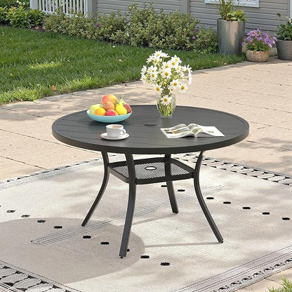 Outdoor Dining Table with Adjustable Umbrella Hole, 40.6" All-Weather Round Patio Dining Table for 4, Metal Patio Table with Storage Shelf for Garden Lawn Porch Deck Yard, Black