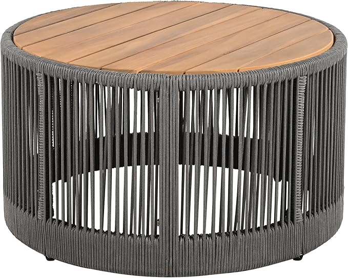 26" Outdoor Rustic Coffee Table, Rattan Rope & Acacia Wood Center Table with Round Top & Iron Frame, Easy Assembly - Photo 9