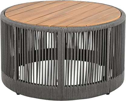 26" Outdoor Rustic Coffee Table,Rattan Rope & Acacia Wood Center Table with Round Top & Iron Frame, Easy Assembly, Versatile Weather-Resistant Patio Furniture for Garden, Yard, Balcony, Gray Teak