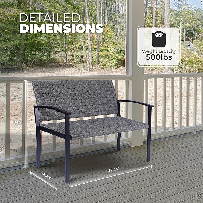 Chelsea Olive Patio Loveseat All-Weather Rope Outdoor Bench with Metal Armrest, Patio Outdoor Furniture Ideal Garden Bench for Balcony, Lawn, Backyard and Deck (Grey)