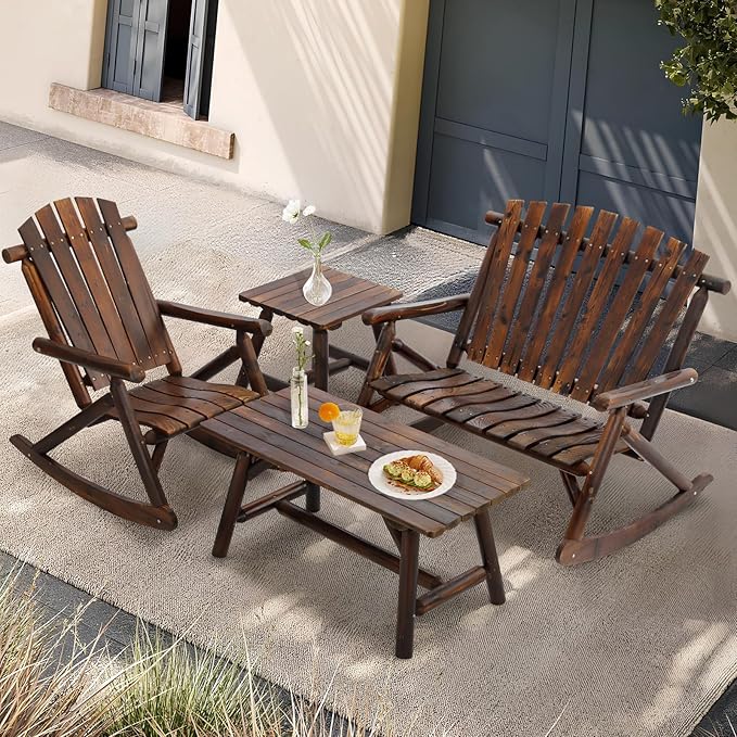 4-Piece Outdoor Wood Rocking Bistro Set, Rustic Wooden Conversation Set Including 2-Seater Loveseat, 2 Coffee Table, Log Rocker Chair, Patio Furniture Chair Set for Lawn Yard, Carbonized