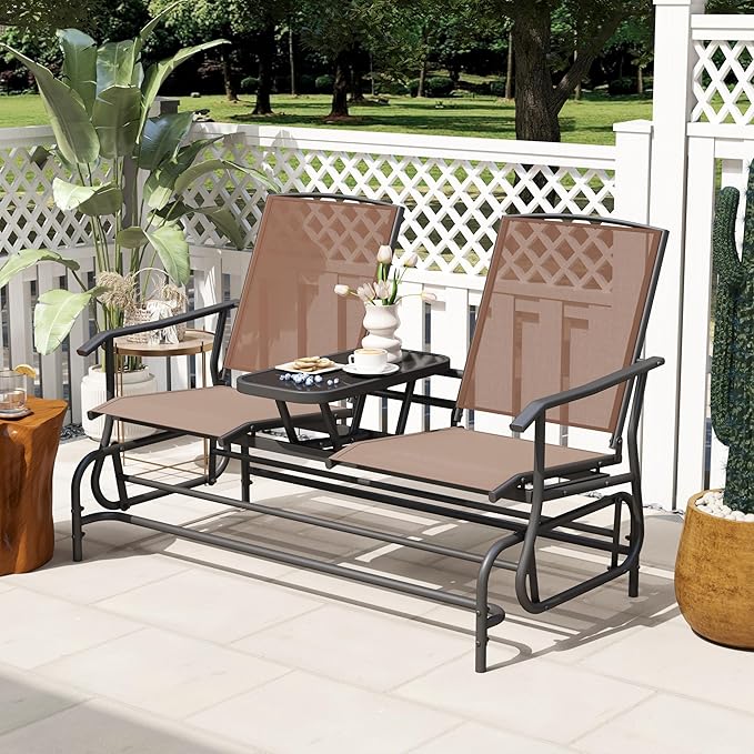 Tangkula 2 Person Swing Glider Chair, Patio Rocking Loveseat w/Center Tempered Glass Table - Photo 4