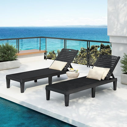 Outdoor Chaise Lounge Chair Set of 2 with 5 Position Adjustable Backrest, Water-Resistant Tanning Chair Recliner, Resin Pool Lounge Chairs for Patio, Poolside or Beach (Black)
