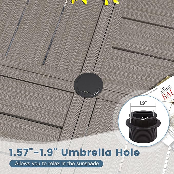 DIFY 63" Round Outdoor Patio Dining Table for 8-10, All-Weather Metal Steel Slatted Patio Table with 1.57" Adjustable Umbrella Hole for Garden, Backyard, Deck, Grey Wood-Like