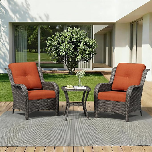 3 Pieces Outdoor Wicker Patio Furniture Set - Patio Chairs Set with Thickened Olefin Cushions, High Back and Deep Seating, Curved Armrest, PE Rattan for Porch, Deck, Balcony,Orange