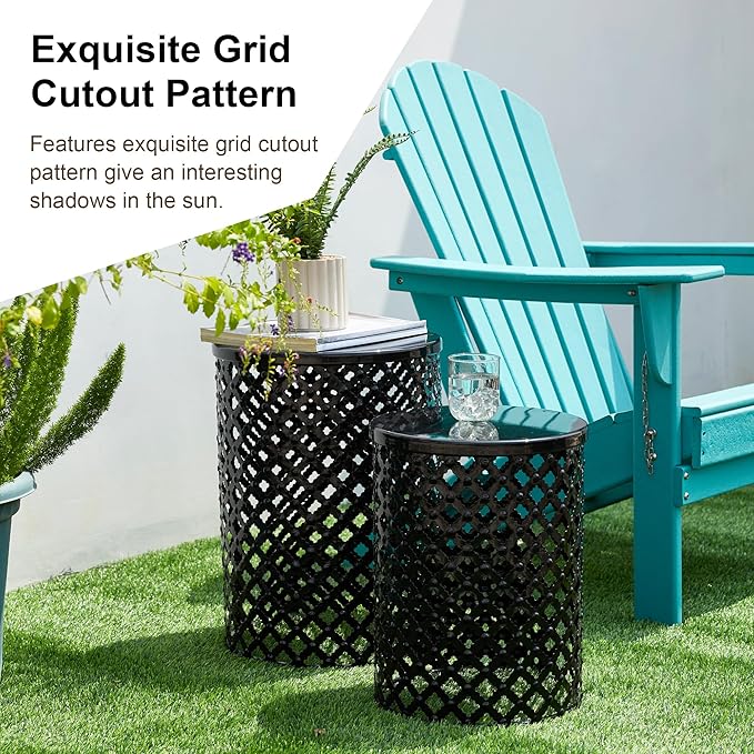 Glitzhome Outdoor Side Table Set of 2, Decorative Garden Stool for Patio Heavy Duty Metal Frame Modern Accent Table, Black
