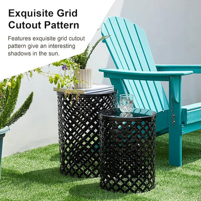 Glitzhome Outdoor Side Table Set of 2, Decorative Garden Stool for Patio Heavy Duty Metal Frame Modern Accent Table, Black