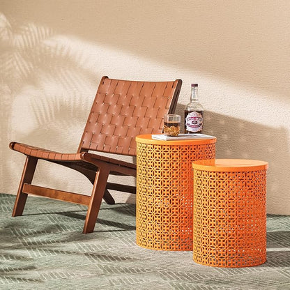 Glitzhome Outdoor Side Table Set of 2, Decorative Garden Stool for Patio Heavy Duty Metal Frame Accent Table Modern End Table, Glossy Orange