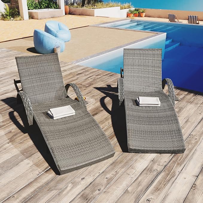 80.3” Outdoor Chaise Lounge, Grey Pool Lounge Chairs Set of 2, Wicker Recliner Chair with Pull-Out Side Table - Photo 1