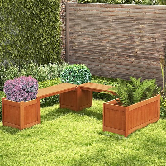 Planter Box Bench Outdoor, Wooden Patio Bench Raised Garden Bed with 3 Plant Boxes & 2 Wood Benches, 2-in-1 Wood Planter Bench Deck Plant Box for Porch, Garden & Backyard