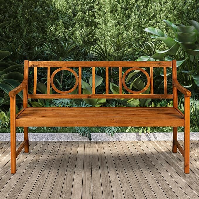 Eyely HNB104A Giana 51.2" 3-Seat Circle-Back 600-Lbs Support Acacia Wood Outdoor Garden Patio Bench for Garden, Lawn, Backyard, Pool, Deck, Beach, Firepit, Teak