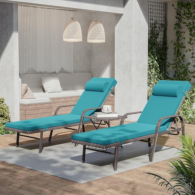 3 Pieces Patio Chaise Lounge Set Outdoor PE Rattan Armrest Lounge Chair Adjustable Backrest Reclining Chair with Folding Table and Cushion for Patio Poolside Backyard Porch Beach(Blue)