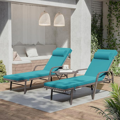 3 Pieces Patio Chaise Lounge Set Outdoor PE Rattan Armrest Lounge Chair Adjustable Backrest Reclining Chair with Folding Table and Cushion for Patio Poolside Backyard Porch Beach(Blue)