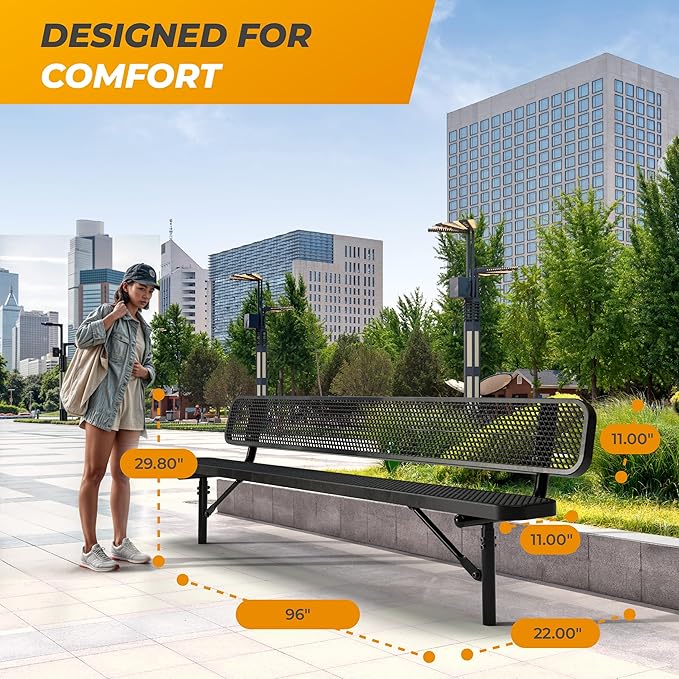 Heavy-Duty Outdoor Metal Bench, Thermoplastic-Coated, Inground, Weatherproof, Commercial-Grade for Parks, Gardens - Photo 2