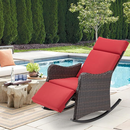 HOMREST Outdoor Recliner for Patio, Wicker Rocking Chair with Extended Footrest & Removable Cushion, Porch Balcony Lounges for Garden, Burgundy