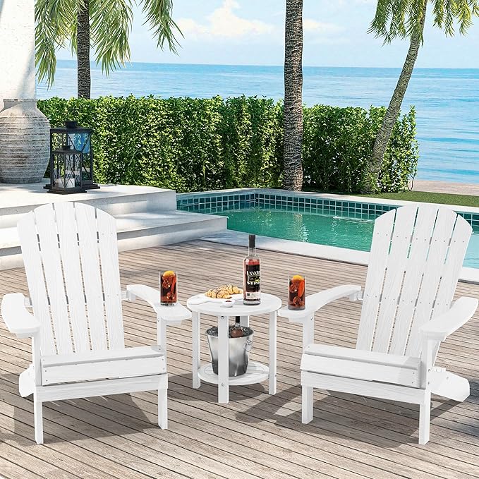 YEFU 3-Piece Adirondack Chair and Table Set: Outdoor Lounge Furniture Set - Outdoor Chair Plastic Weather Resistant with Wide Armrests for Patio Lawn Pool Porch Garden(White