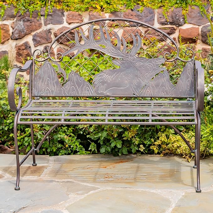 Classic Iron Garden Bench with Nature Scenery (Caribou Backrest in Bronze)