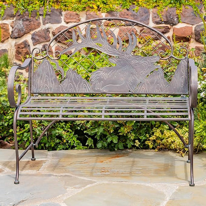 Classic Iron Garden Bench with Nature Scenery (Caribou Backrest in Bronze)