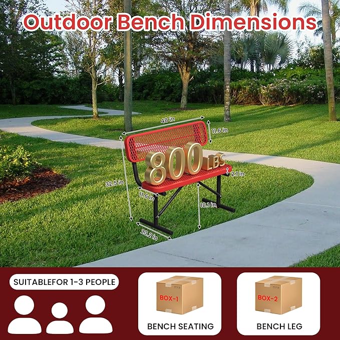 4ft Metal Park Bench with Back, Red Heavy-Duty Steel Outdoor Bench Dock Bench Weatherproof Long Bench Seats, Commercial Garden Benches for Lawn, Park, Deck, Garden, Patio, Porch, Easy Installation